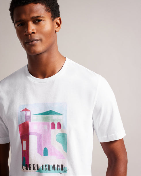 JOSEP-Tops-It's all in the details:The fabric of this product is made of 100% organic cotton. Organic cotton has a proven lower environmental impact than conventional cotton, as it reduces water usage, greenhouse gas emissions, and eliminates the use of harmful chemicals in the farming process. Short sleeve T-shirt Crew neck Capri island print 100% cotton Regular fit O'Shea is 6'2.5" / 1.89m and wears White in a Ted size 3- Ted Baker Romania